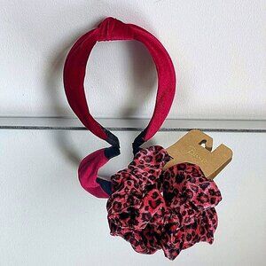 Nordstrom Trendy Chic Burgundy Velvet Knot Headband Leopard Scrunchie Set